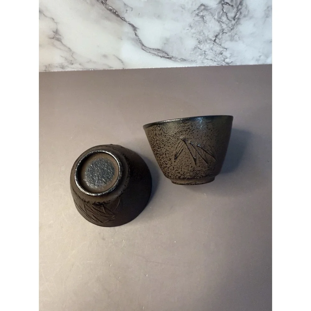 Tetsubin Tea Cups Cast Iron Bamboo Floral Design Set of Two Brown and Black Pair